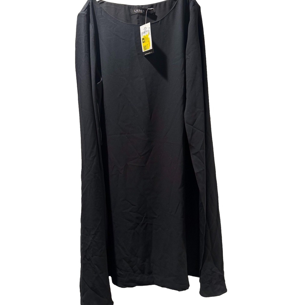Ralph Lauren Black Sleeveless Sheath Dress with Caped Shawl Sleeves Size 14